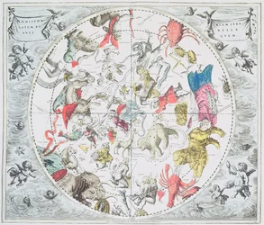 Planisphere celestial que mostra os sinais do zodíaco, do atlas celestial, ou da harmonia do universo (atlas coelestis seu harmonia macrocosmica) bar. por Joannes Janssonius, Amsterdã, 166